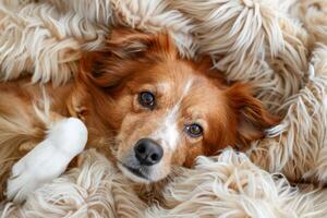 The border collie breed lies on a fluffy carpet, bedspread. The dog is resting photo