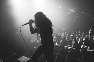 A rock frontman singing to the microphone to the crowd on a concert in a stage backlights. Metal core style. Back view photo