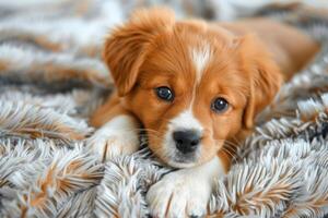 Nova Scotia Retriever puppy lies on a fluffy light carpet photo