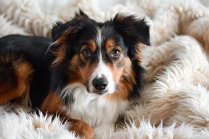 A black border collie breed lies on a fluffy carpet or bedspread. The dog is resting photo