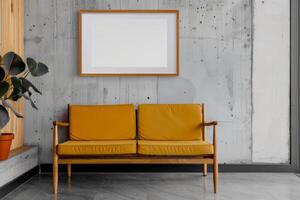 Designer interior of a room in minimalist style. Yellow sofa, plant, frame painting mockup photo