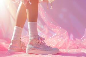 Beautiful female legs with shiny sneakers and white socks on a pink background. Glamorous chic and shimmer of sunlight photo