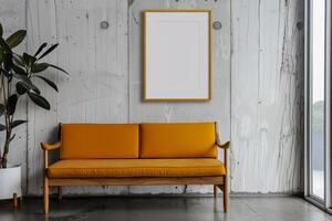 Designer interior of a room in minimalist style. Yellow sofa, plant, frame painting mockup photo