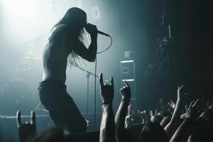 A rock frontman singing to the microphone to the crowd on a concert in a stage backlights. photo