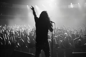 A rock frontman singing to the microphone to the crowd on a concert in a stage backlights. Metal core style. Back view photo