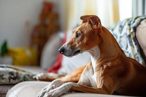 Whippet breed lies on a sofa, bedspread. The dog is resting in a light room photo