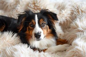 A black border collie breed lies on a fluffy carpet or bedspread. The dog is resting photo