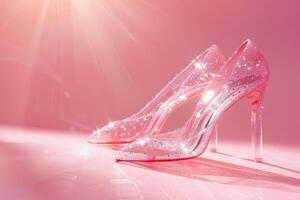 Pink chic. Transparent shoes with sparkles on a pink background under sunlight. Copy space photo