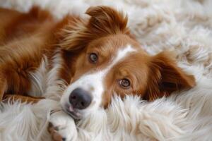 The border collie breed lies on a fluffy carpet, bedspread. The dog is resting photo