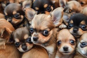 A bunch of Chihuahua puppies in a soft fluffy blanket. Cute dogs close to each other photo