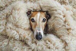 A Whippet dog lies on a fluffy light carpet in a bright room. Warm lighting. Only the head comes out from under the blanket photo