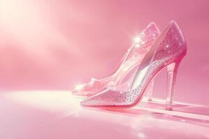 Pink chic. Transparent shoes with sparkles on a pink background under sunlight. Copy space photo