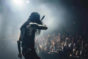 un rock líder canto a el micrófono a el multitud en un concierto en un etapa retroiluminación. espalda ver foto