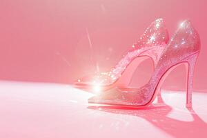 Pink chic. Transparent shoes with sparkles on a pink background under sunlight. Copy space photo