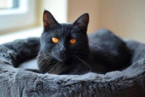 A black cat with orange eyes on a black bed in a cozy room looks at the camera. photo