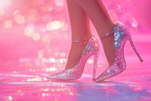 Beautiful female legs with shiny strappy shoes on a pink background. Glamorous chic and shimmer of sunlight photo