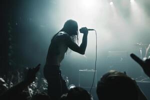 A rock frontman singing to the microphone to the crowd on a concert in a stage backlights. Back view photo