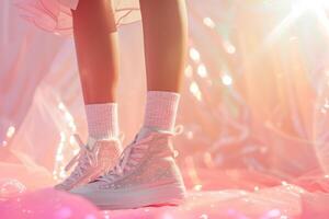 Beautiful female legs with shiny sneakers and white socks on a pink background. Glamorous chic and shimmer of sunlight photo