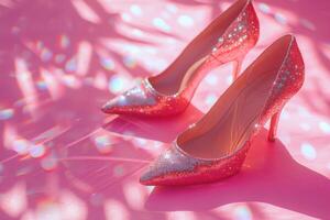 hermosa De las mujeres Zapatos con destellos en un rosado antecedentes. atractivo elegante y brillar de luz de sol foto