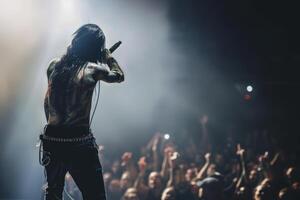 un rock líder canto a el micrófono a el multitud en un concierto en un etapa retroiluminación. espalda ver foto