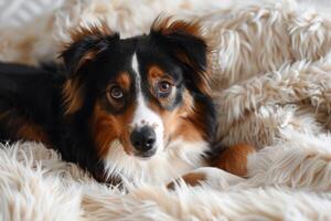 A black border collie breed lies on a fluffy carpet or bedspread. The dog is resting photo