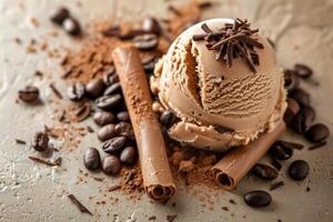 Vanilla ice cream ball with coffee beans and chocolate pieces. photo