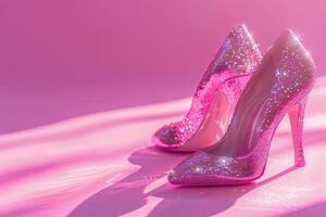 Beautiful women's shoes with sparkles on a pink background. Glamorous chic and shimmer of sunlight photo