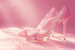 Pink chic. Transparent shoes with sparkles on a pink background under sunlight. Copy space photo