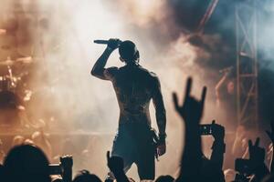 un rock líder canto a el micrófono a el multitud en un concierto en un etapa retroiluminación. espalda ver foto