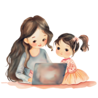 fofa mãe e menina com computador portátil png