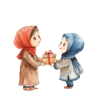 Cute Muslim boy giving gift to mother png