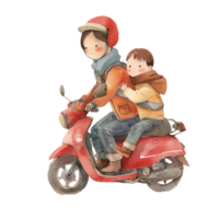 cute Mother and Son Riding on Motorcycle png