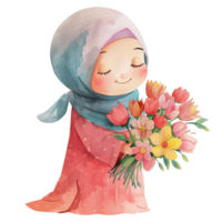 Cute Islam Mother Holding Flowers and Smiling png