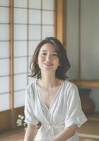 japanese woman in white dress in comfortable apartment, ai photo