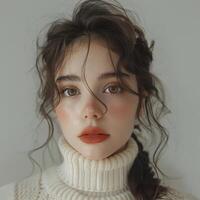 young cute asian girl wearing white turtleneck sweater, ai photo