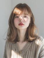 japonés Moda modelo niña con marrón pelo golpes, ai foto