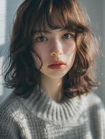 japanese fashion model girl with brown hair bangs, ai photo