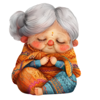 Cute Indian Grand Mother knitting a woolen scarf or sweater png