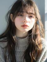 japanese fashion model girl with brown hair bangs, ai photo