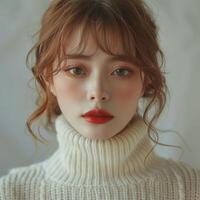 young cute asian girl wearing white turtleneck sweater, ai photo