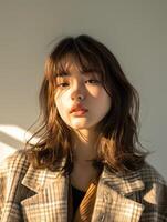 japanese fashion model girl with brown hair bangs, ai photo