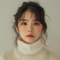 young cute asian girl wearing white turtleneck sweater, ai photo