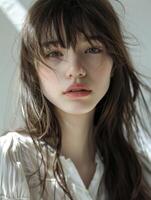 japanese fashion model girl with brown hair bangs, ai photo