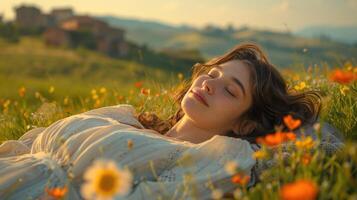 girl resting and relaxing on flower field, ai photo