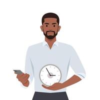 joven hombre participación teléfono y reloj tiempo, demostración cómo mucho hora usted gastado en tu inteligente teléfono. vector