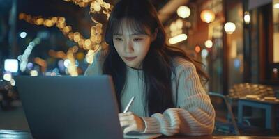 female student studying with laptop, ai photo