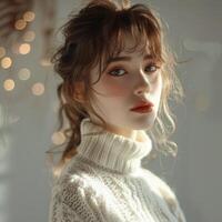 young cute asian girl wearing white turtleneck sweater, ai photo