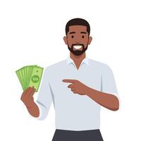 Young businessman showing cash, money and pointing index finger. vector