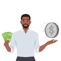 Young man hold coin sign in hand and dollar money. vector