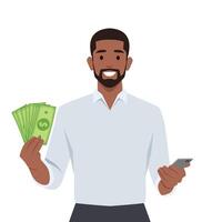 Smiling man holding smartphone and money excited with online lottery victory. vector